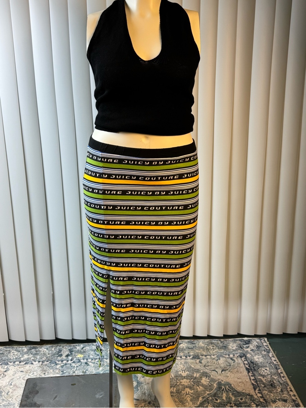 Juicy Couture Black, Yellow & Green Striped Logo Midi Skirt Y2K Size Large